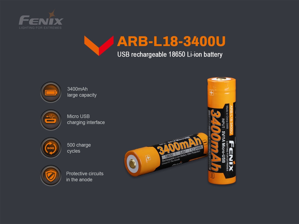 Baterai Lithium-ion Fenix ARB-L18-3400U 18650 dengan port USB