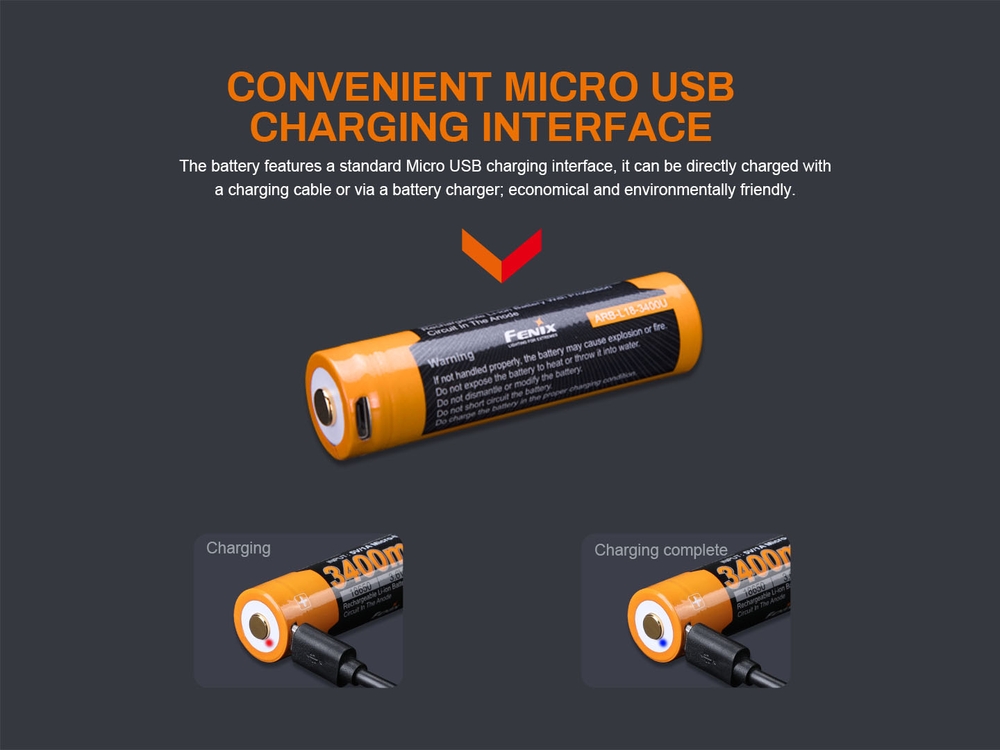 Baterai Lithium-ion Fenix ARB-L18-3400U 18650 dengan port USB