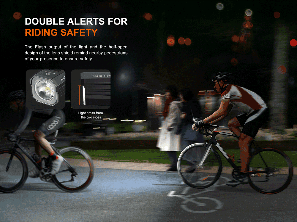 Lampu sepeda Fenix BC22R dengan desain aerodinamis dan fitur canggih untuk keamanan berkendara.