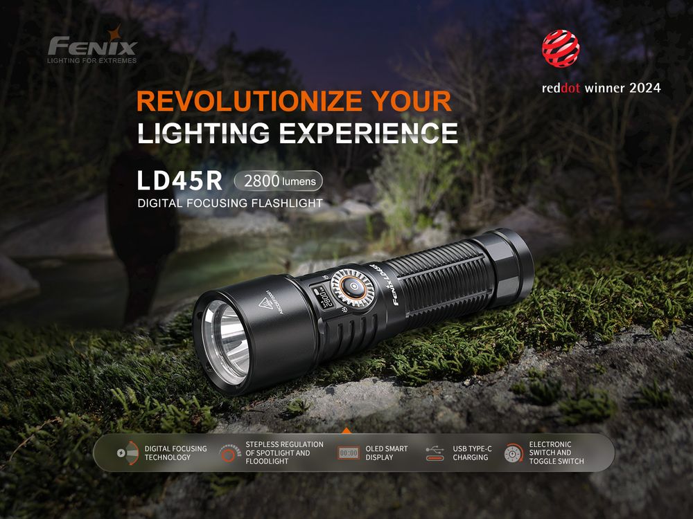 Senter LED Fenix LD45R Digital Focusing output 2800 lumens, tahan air, untuk petualangan outdoor