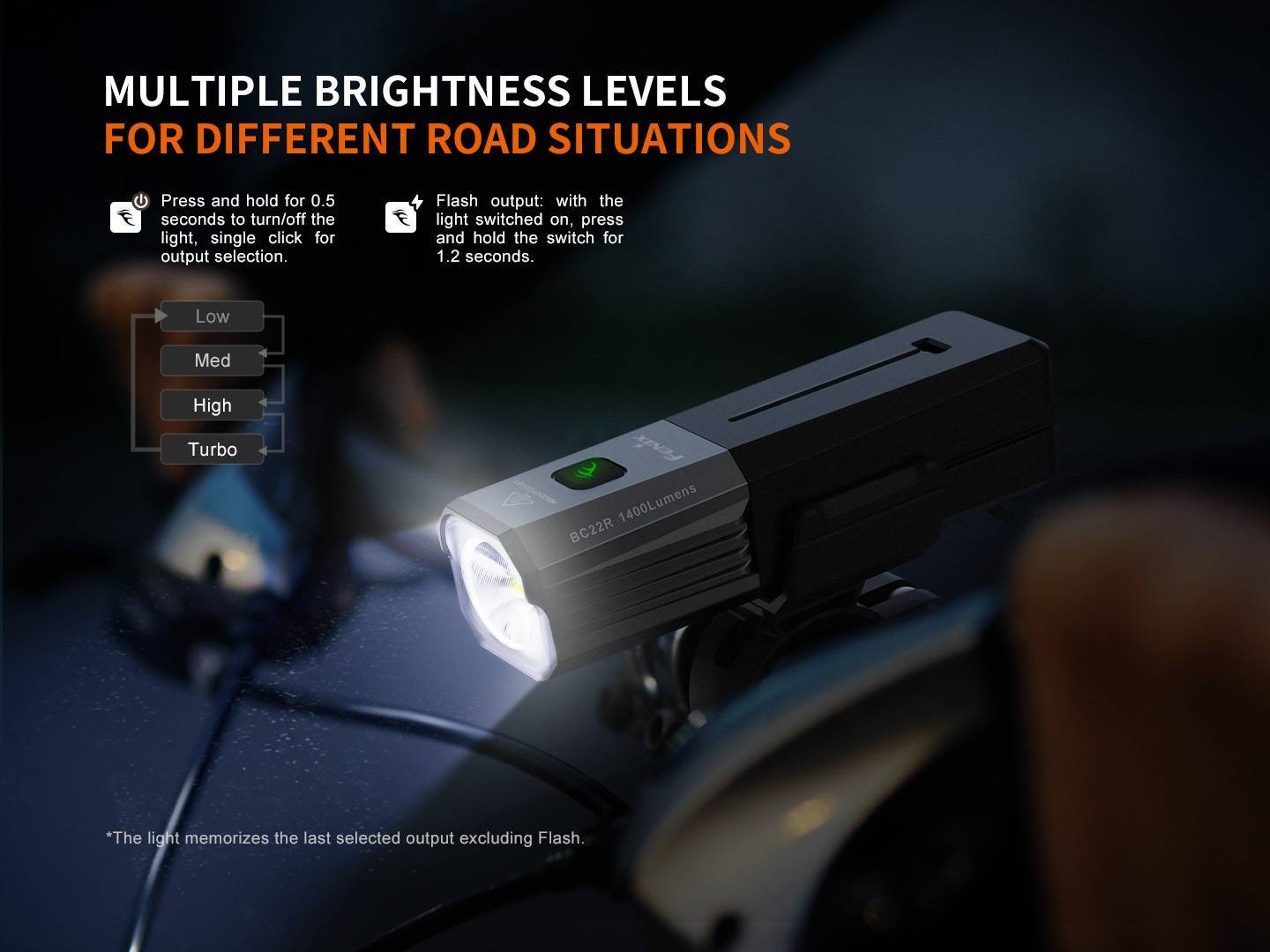 Lampu sepeda Fenix BC22R dengan desain aerodinamis dan fitur canggih untuk keamanan berkendara.