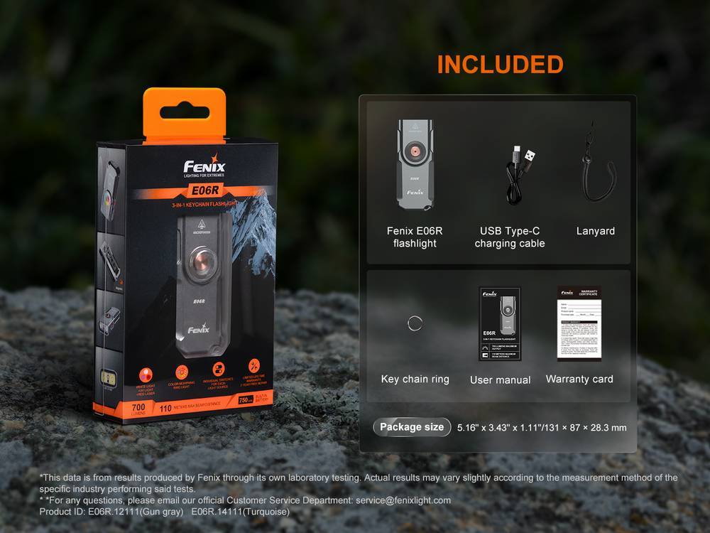 fenix e06r senter mini multifungsi cool white + ultraviolet + red laser + rgb ring