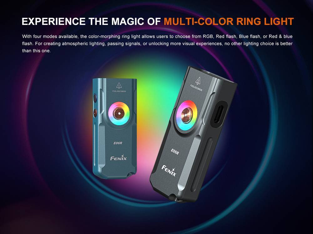 fenix e06r senter mini multifungsi cool white + ultraviolet + red laser + rgb ring