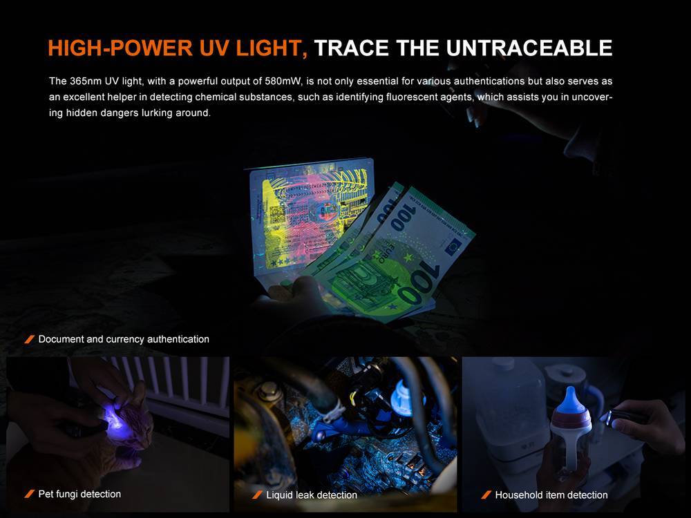 fenix e06r senter mini multifungsi cool white + ultraviolet + red laser + rgb ring