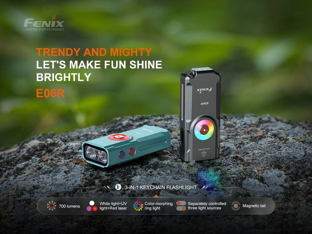 fenix e06r senter mini multifungsi cool white + ultraviolet + red laser + rgb ring