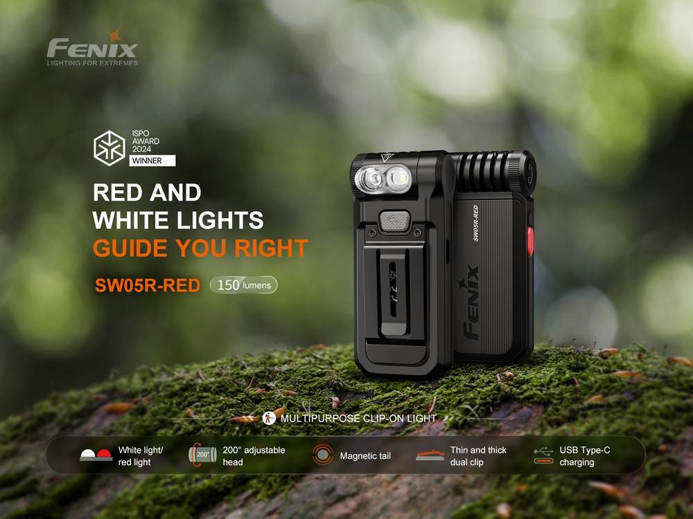 Senter Fenix SW05R-RED dengan cahaya merah dan klip badan