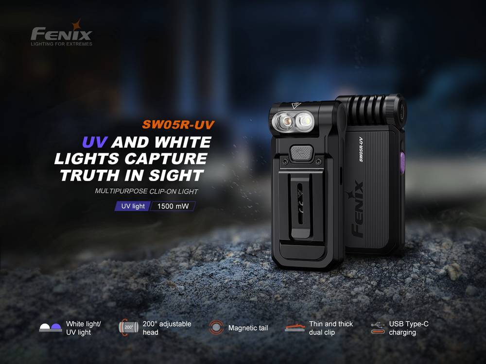 Senter Fenix SW05R-UV dengan cahaya UV dan klip badan