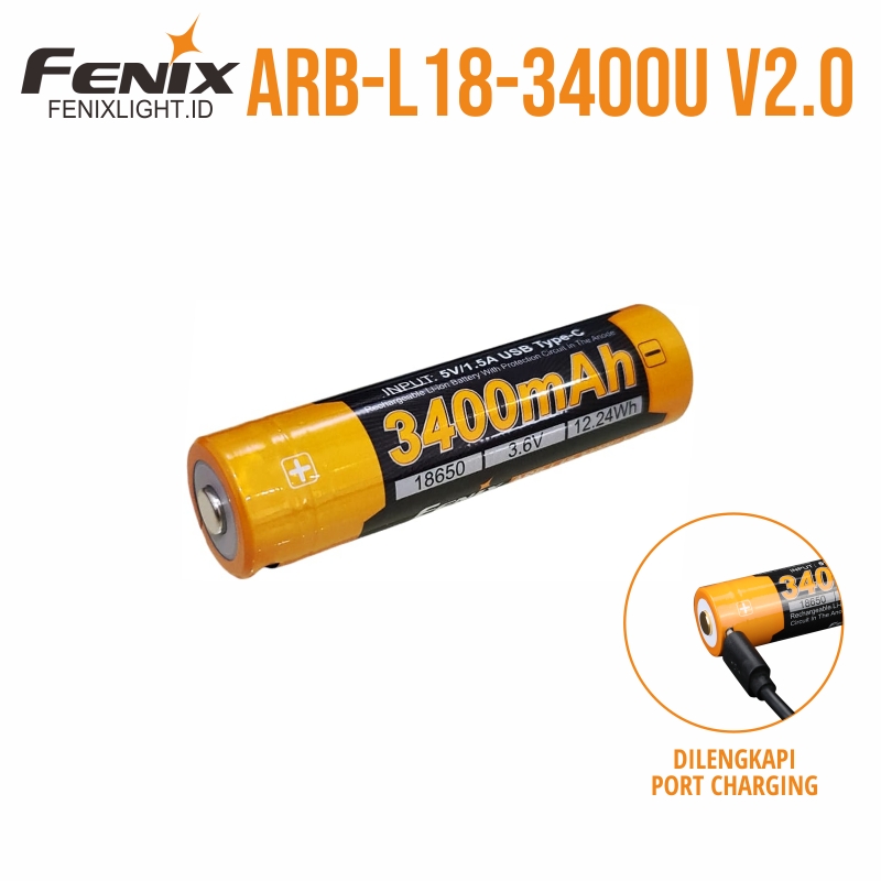 Baterai Lithium-ion Fenix ARB-L18-3400U V2.0 18650 dengan port USB