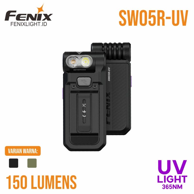 Senter Fenix SW05R-UV dengan cahaya UV dan klip badan